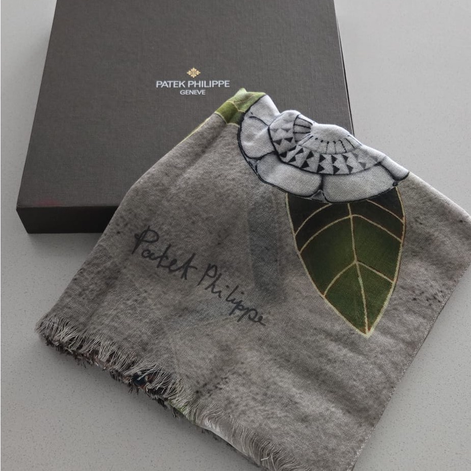 Patek Philippe Gray And Green Cashmere Scarf With Leaf Motif